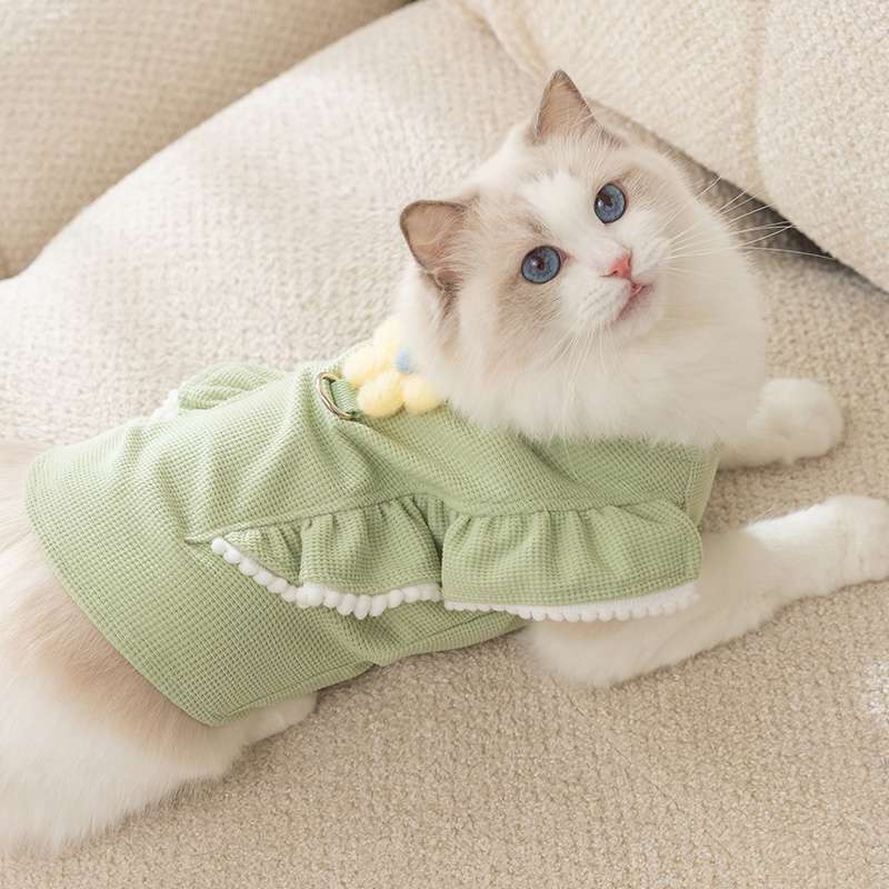 猫服  洋服 | 猫用フリル付きライトグリーンワンピース