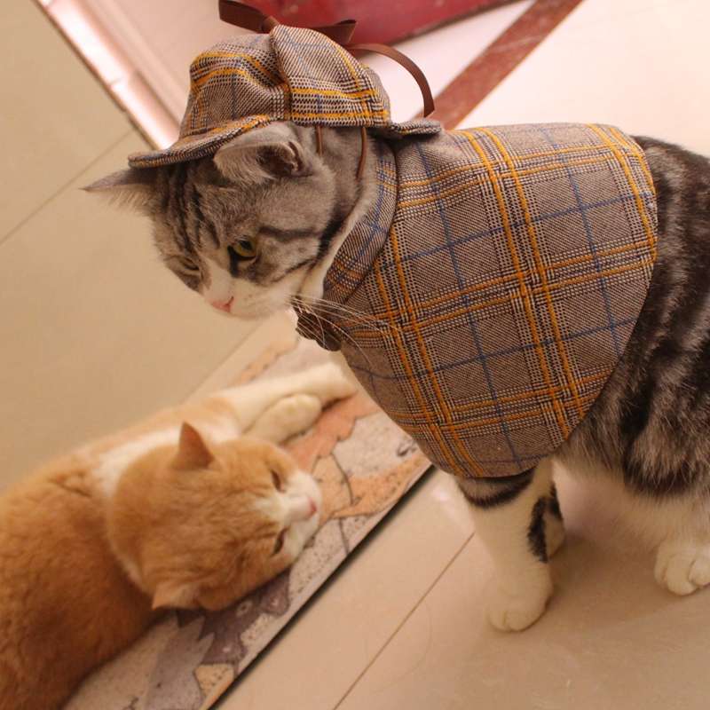 猫服  コスプレ | 猫用探偵風チェック柄ケープ帽子セット