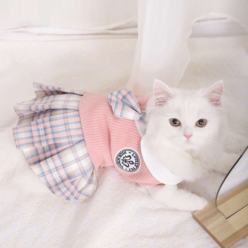 猫服  洋服 | ふんわりチェック柄スカート付き猫用セーター