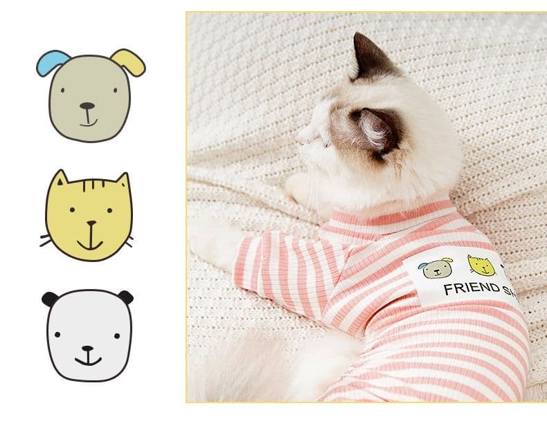 猫服 ぽんぽんしっぽ付きボーダー猫用パジャマ