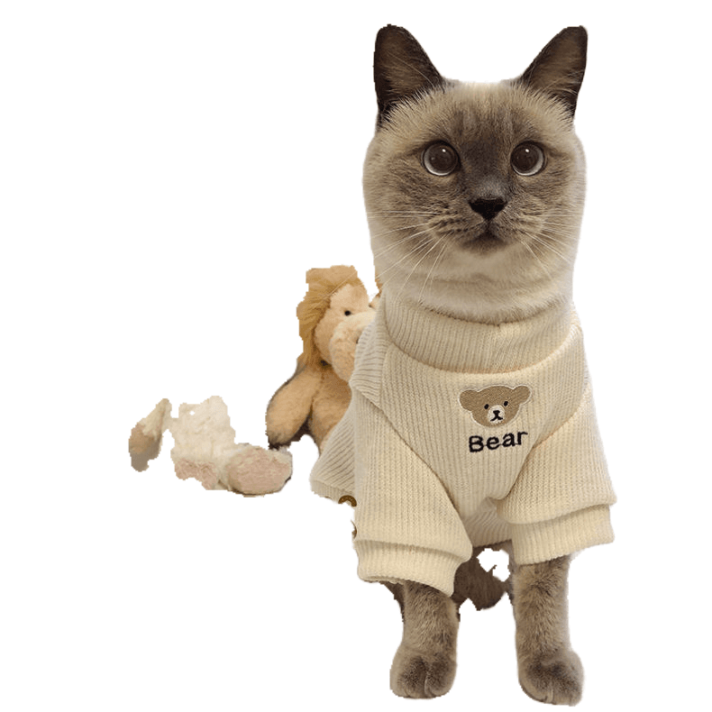 猫服 小熊刺繍入りふわもこ袖口あったか猫用編み上着
