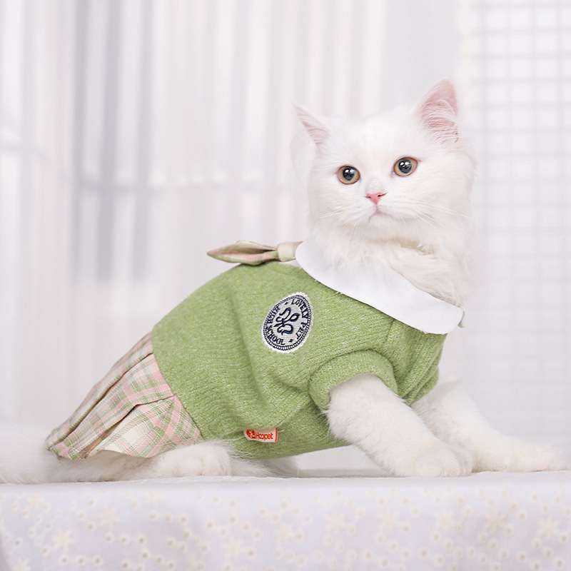 猫服  洋服 | ふんわりチェック柄スカート付き猫用セーター
