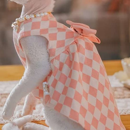 猫服  洋服 | チェック柄パールリボンワンピース