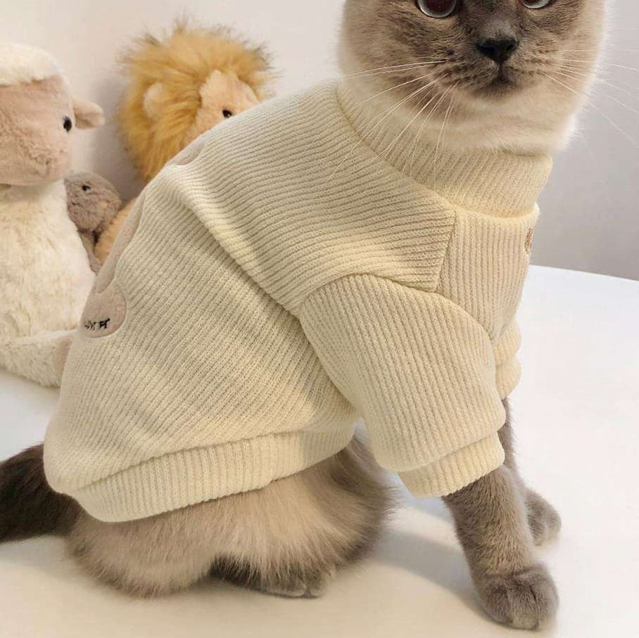 猫服 小熊刺繍入りふわもこ袖口あったか猫用編み上着