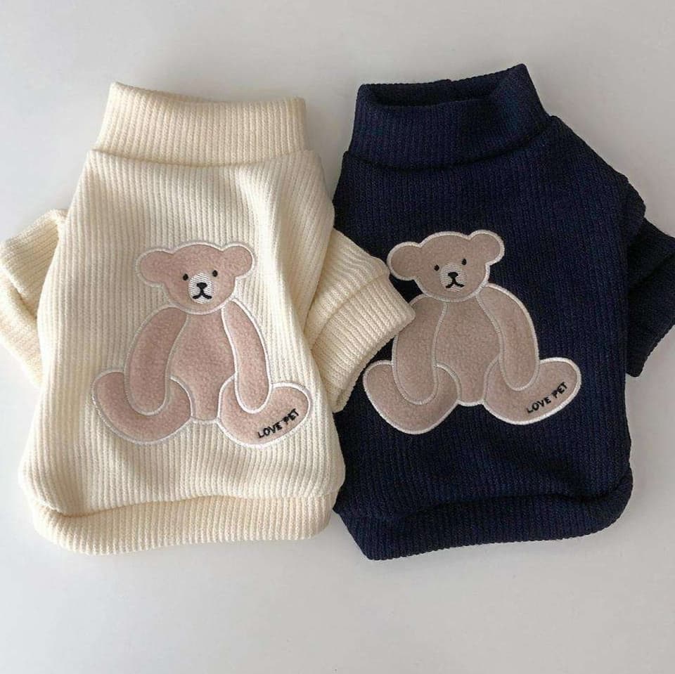 猫服 小熊刺繍入りふわもこ袖口あったか猫用編み上着