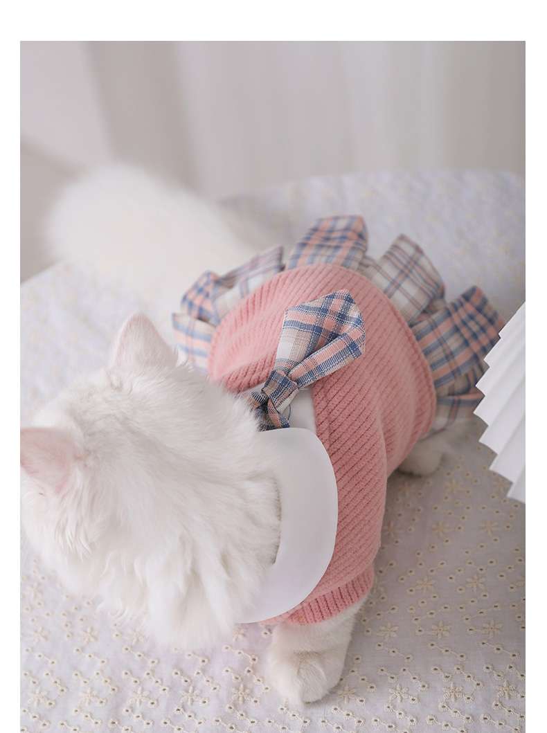 猫服  洋服 | ふんわりチェック柄スカート付き猫用セーター
