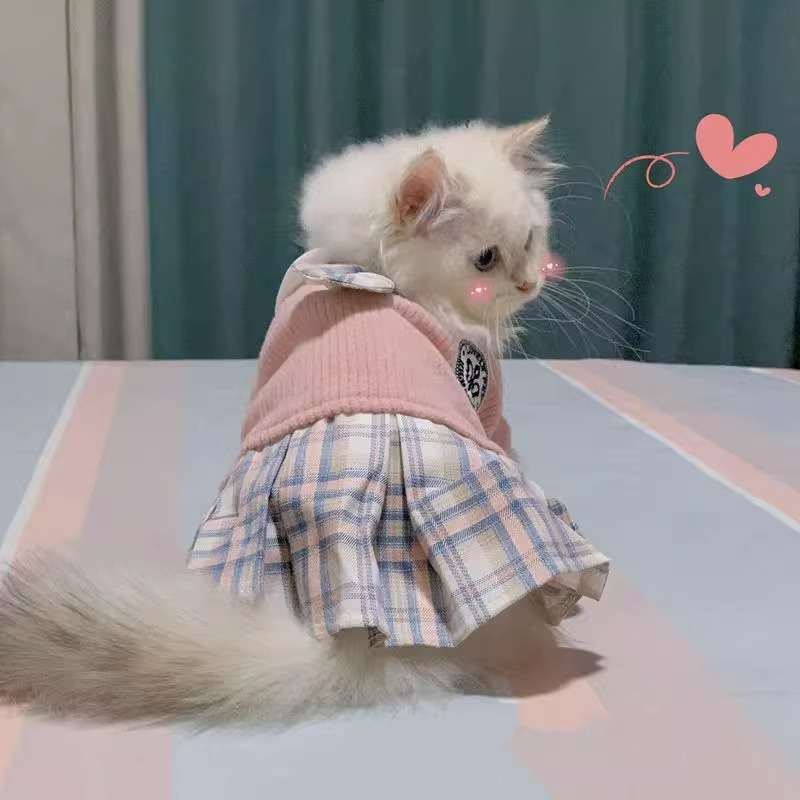 猫服  洋服 | 猫用プレッピースタイルチェック柄ワンピース