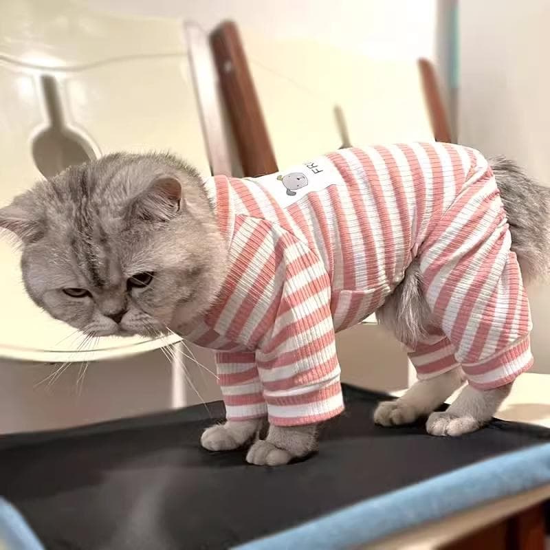 猫服  洋服 | 猫用ボーダー柄パジャマ