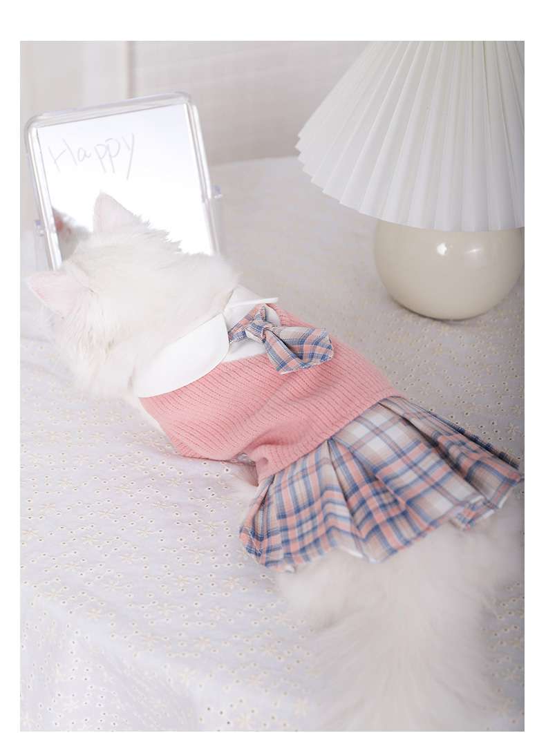 猫服  洋服 | ふんわりチェック柄スカート付き猫用セーター