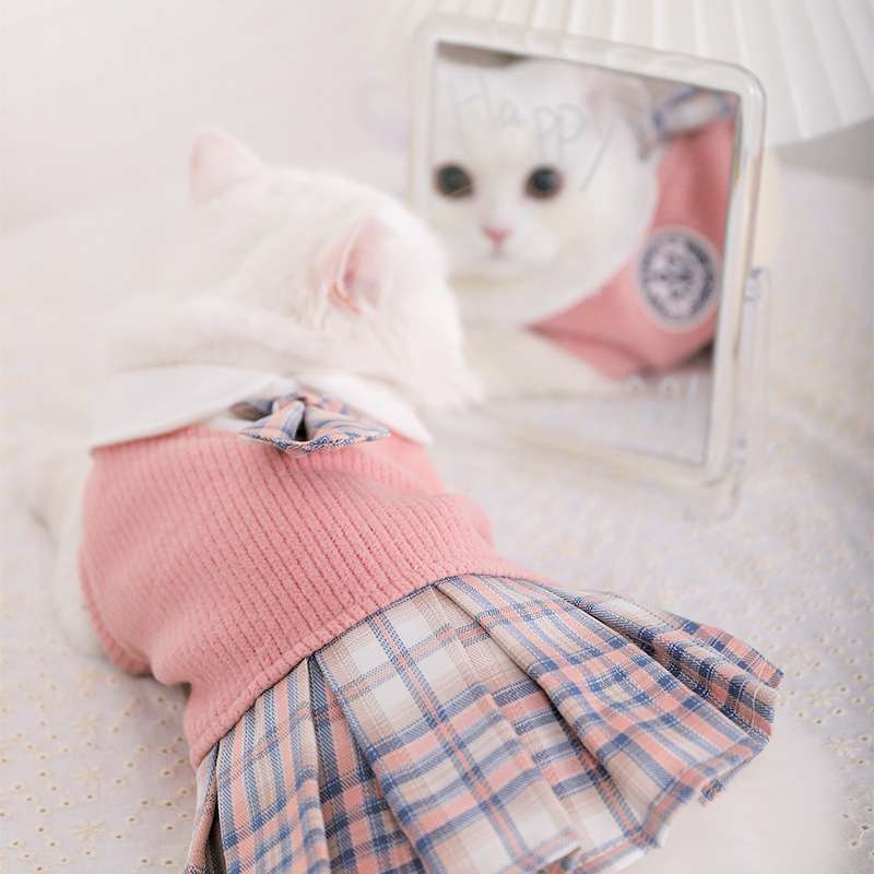 猫服  洋服 | ふんわりチェック柄スカート付き猫用セーター