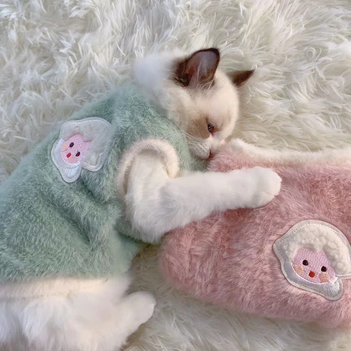 猫服 洋服もこもこ天使羽根付きニットベスト