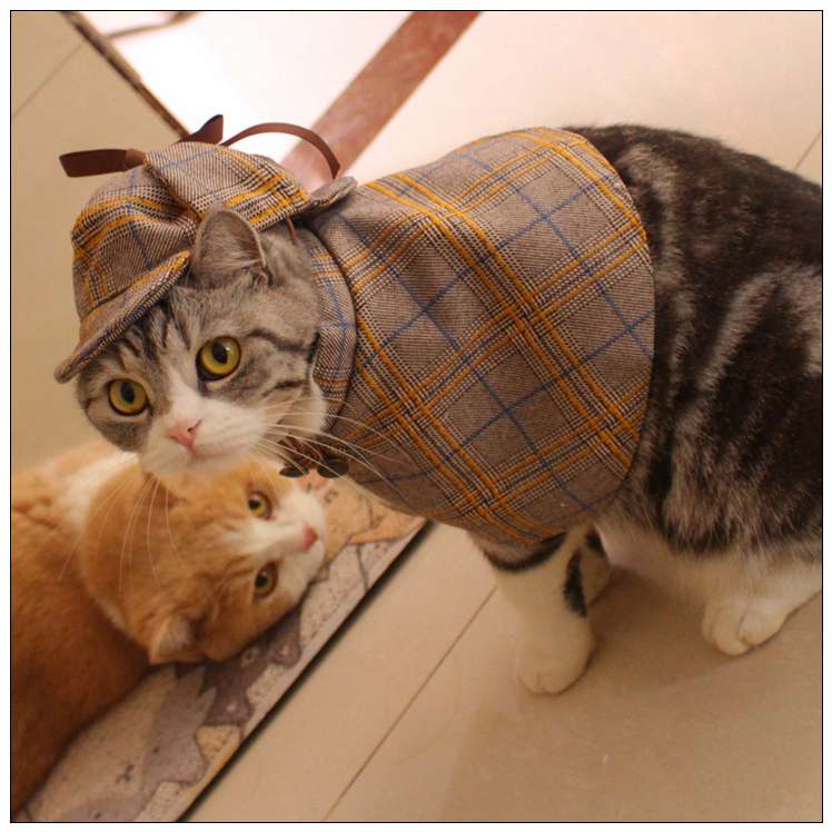 猫服  コスプレ | 猫用探偵風チェック柄ケープ帽子セット