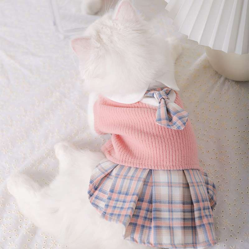 猫服  洋服 | ふんわりチェック柄スカート付き猫用セーター