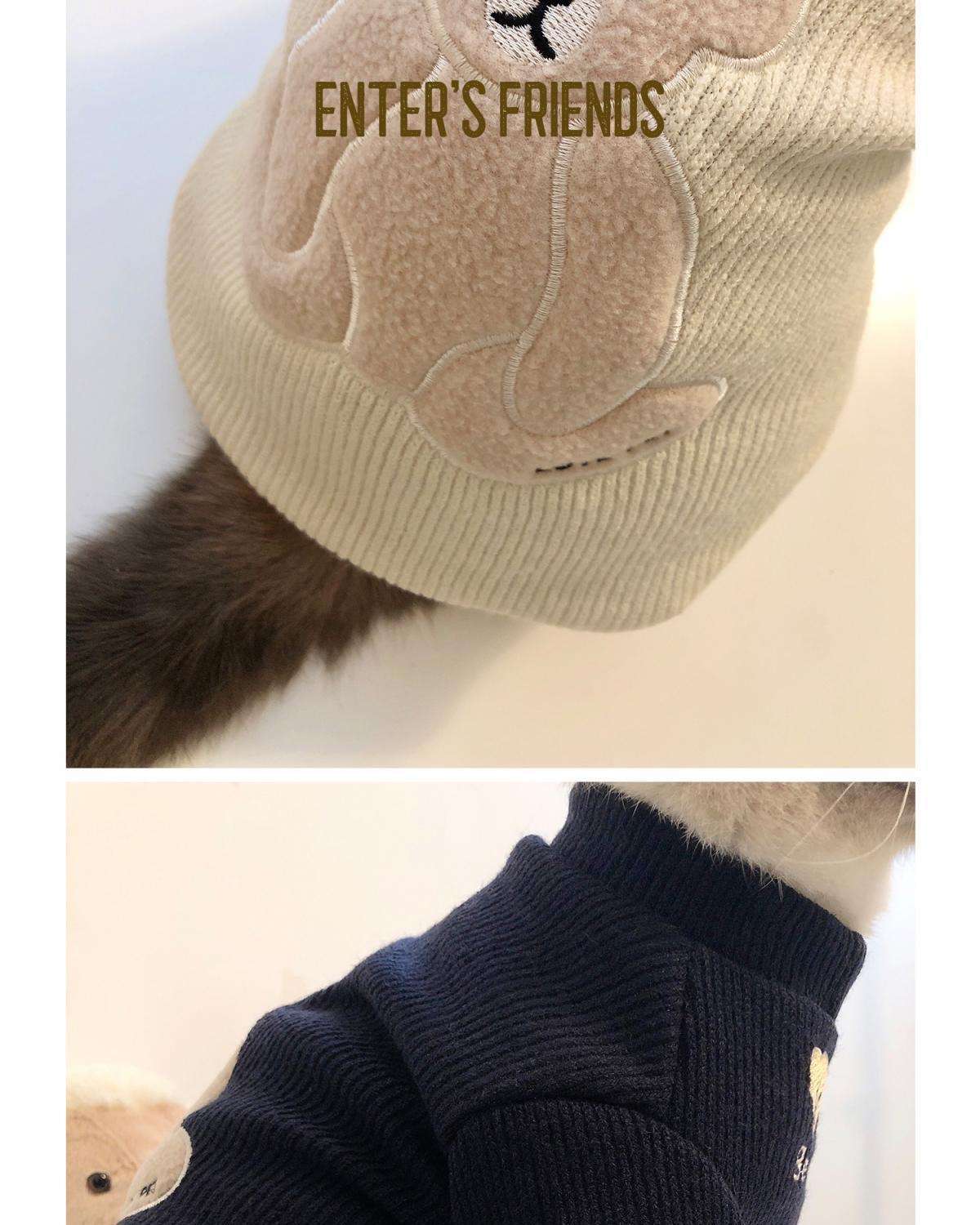 猫服 小熊刺繍入りふわもこ袖口あったか猫用編み上着