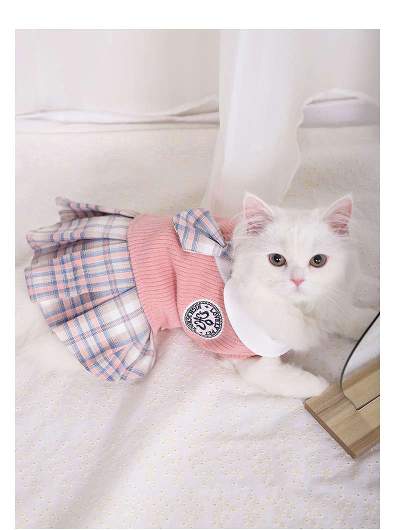 猫服  洋服 | ふんわりチェック柄スカート付き猫用セーター