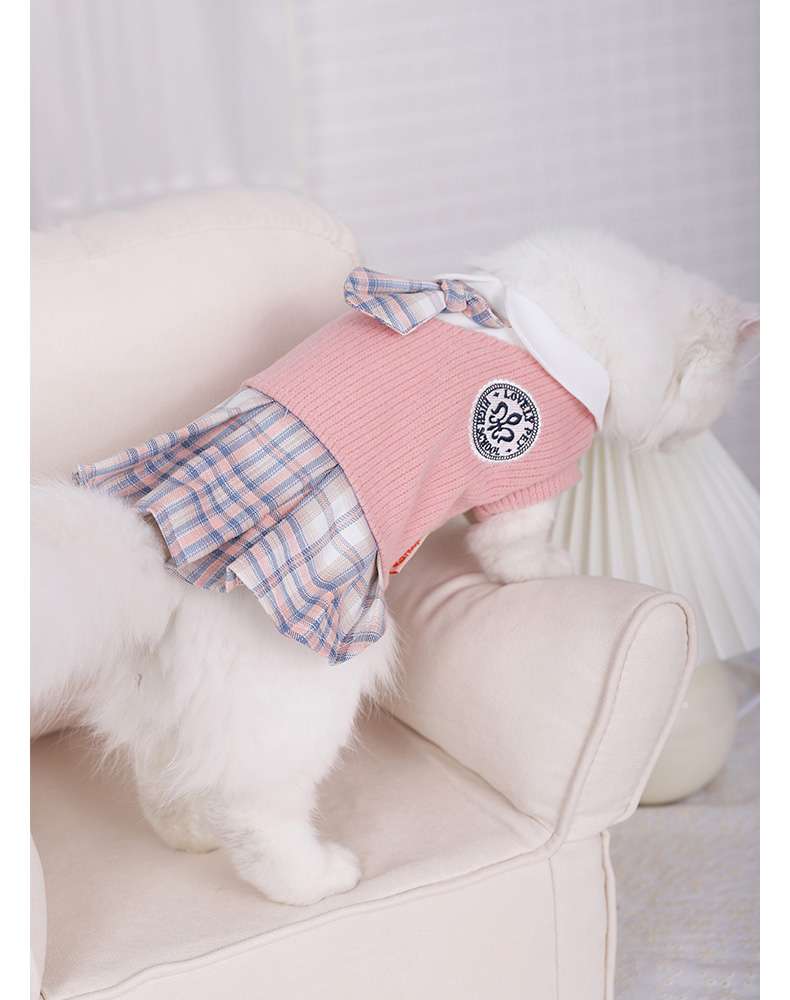 猫服  洋服 | ふんわりチェック柄スカート付き猫用セーター