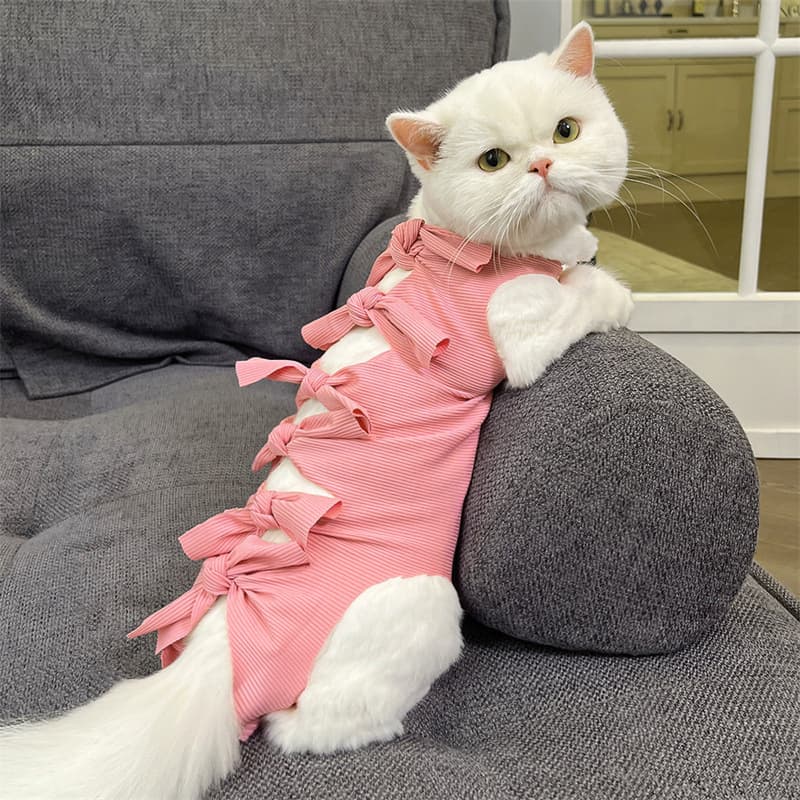 リボン結び式開閉らくらく猫用術後保護服