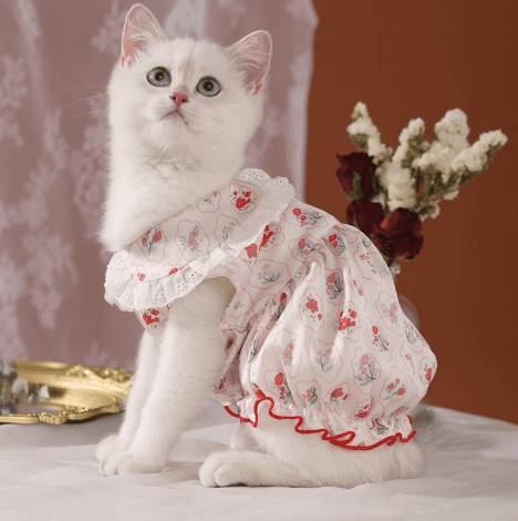 猫服 猫用 花柄フリル付き 夏向け洋服