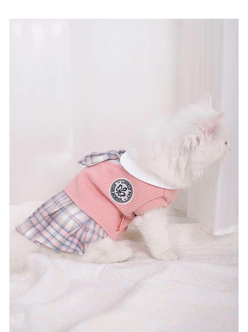 猫服  洋服 | ふんわりチェック柄スカート付き猫用セーター