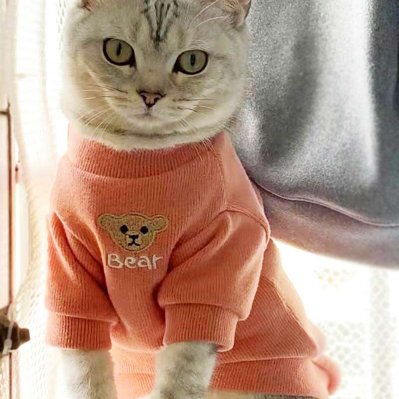猫服 くま刺繍入りニット長袖猫用防寒着