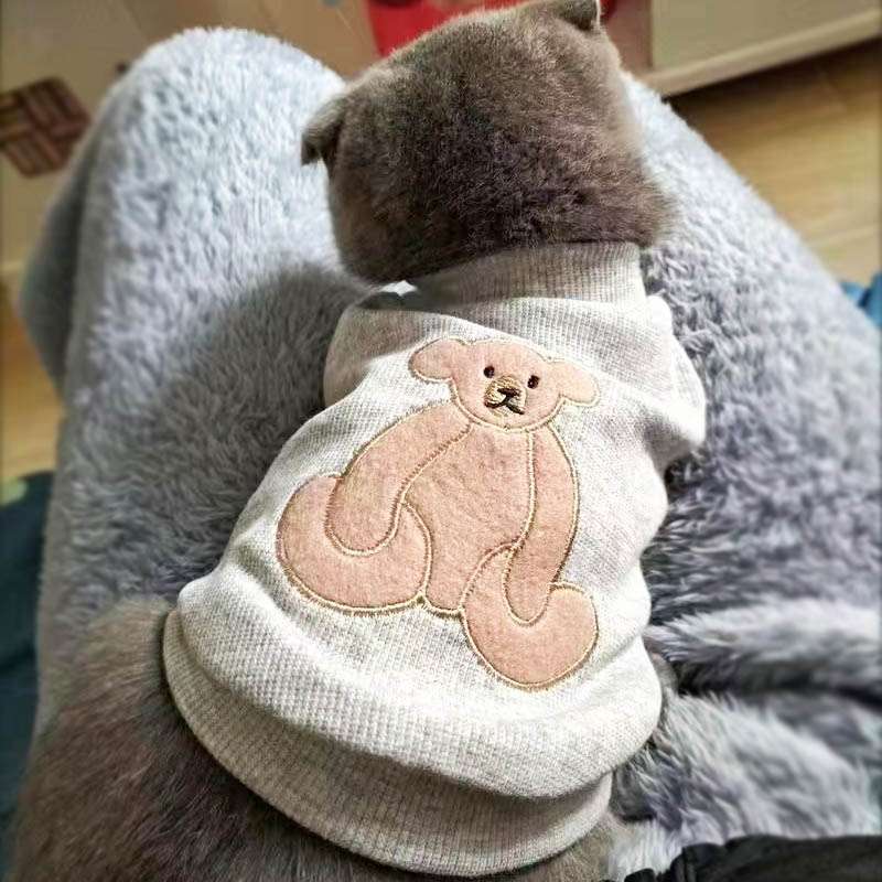 猫服 くま刺繍入りニット長袖猫用防寒着